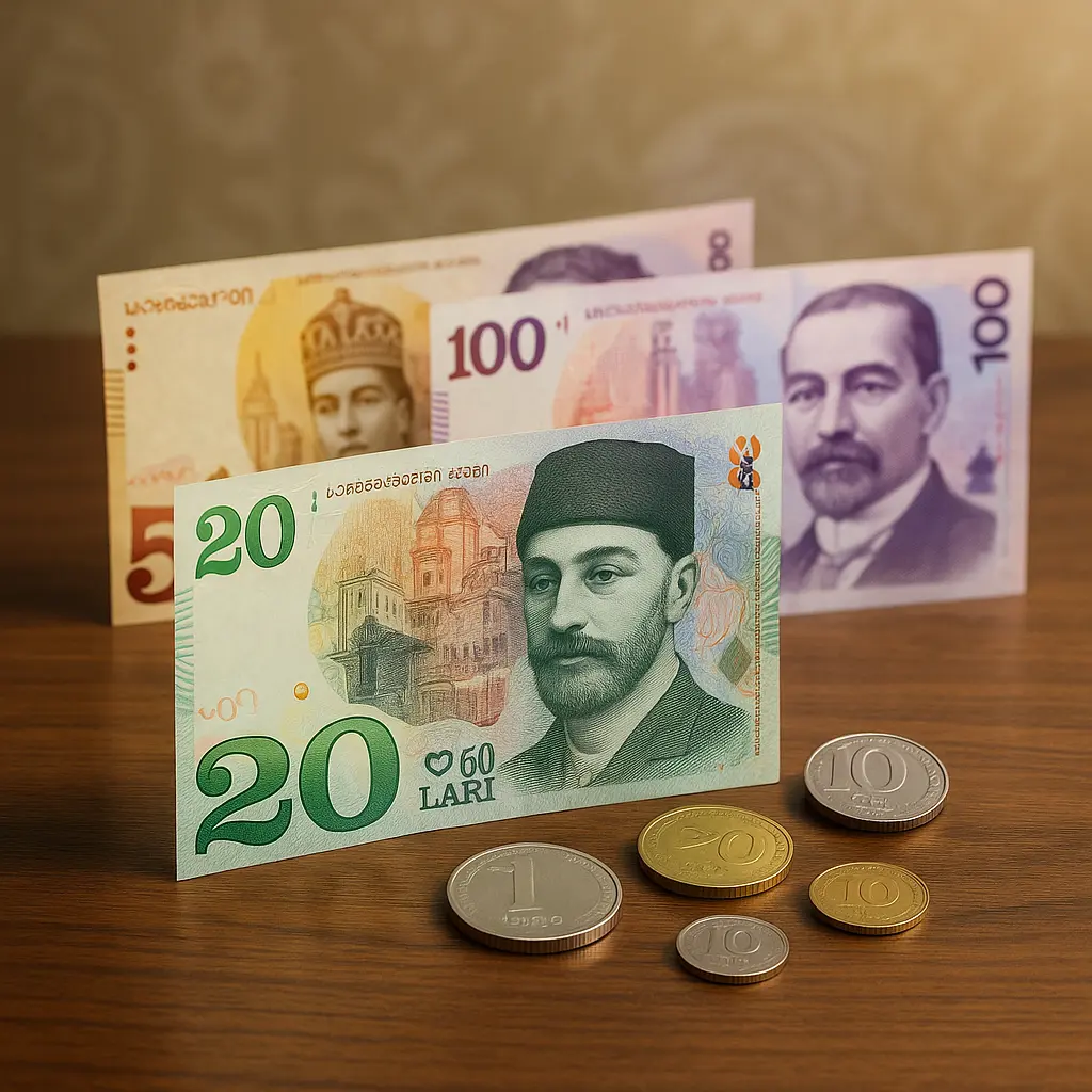 اسکناس و سکه لاری گرجستان روی میز شیک، تصویر جذاب ارزی برای حواله به گرجستان، انتقال فوری لاری به تفلیس و باتومی توسط صرافی امرالد
